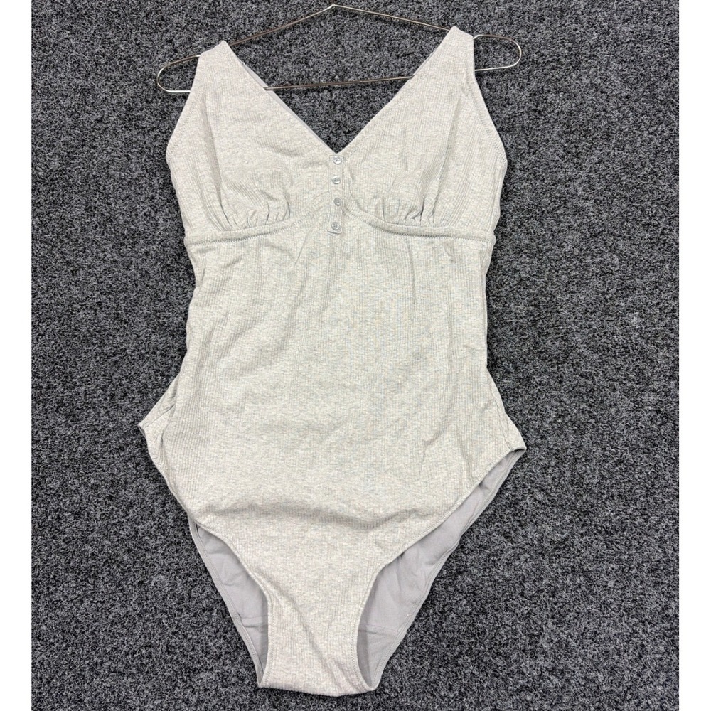 Aerie Bodysuit Womens XL Gray Henley Ribbed V-Neck Cross Back One Piece New